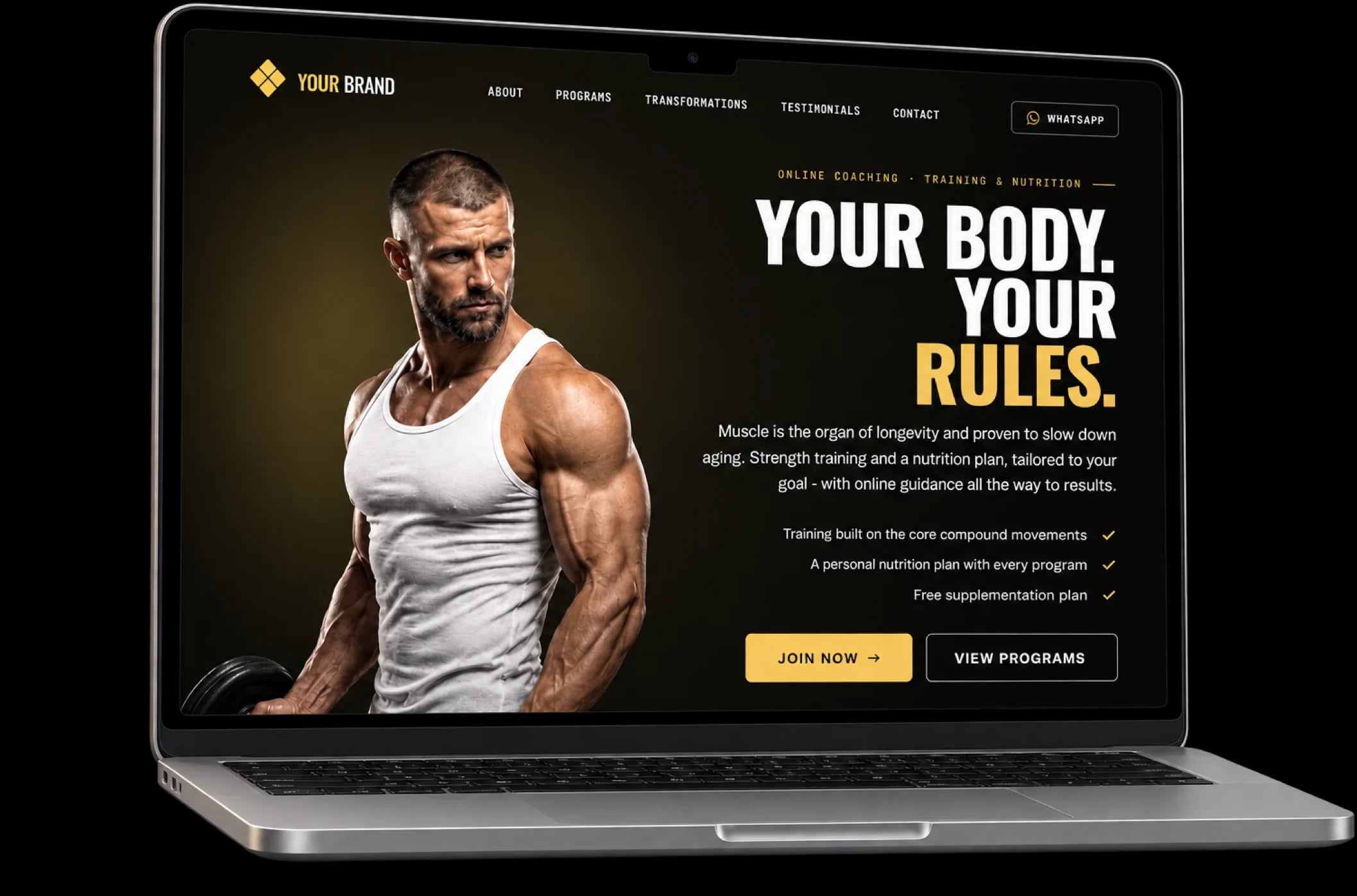 Trainera coaching platform - a branded coaching website on a laptop with the client app dashboard and workout tracking on two phones