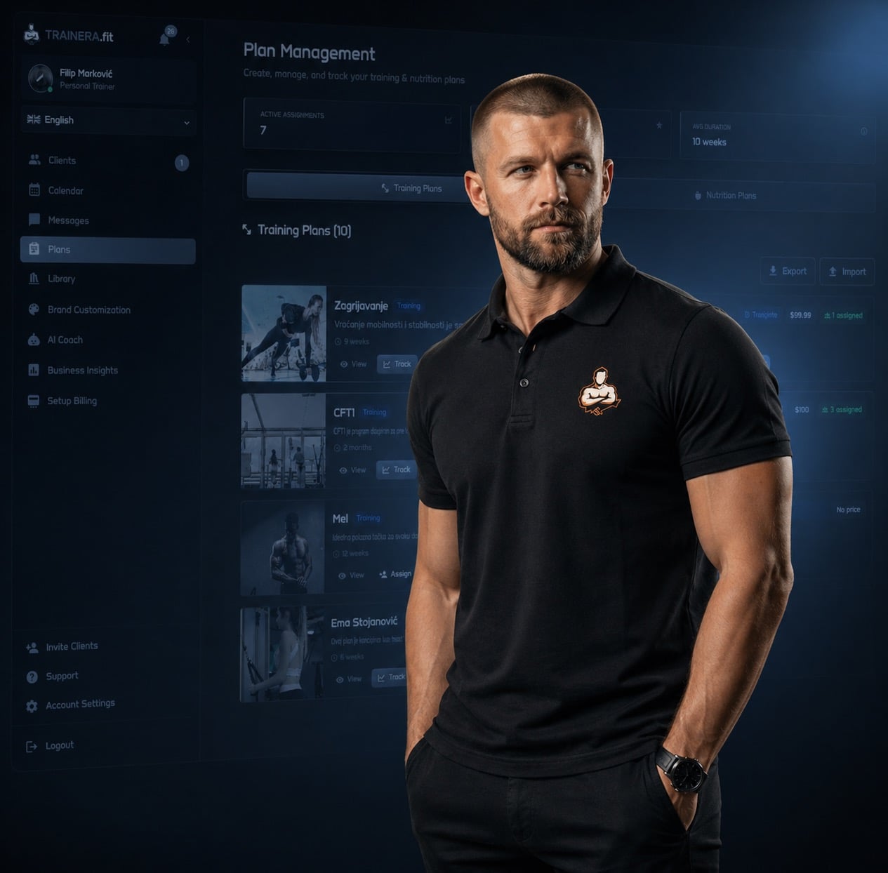 Male trainer with Plan Management dashboard